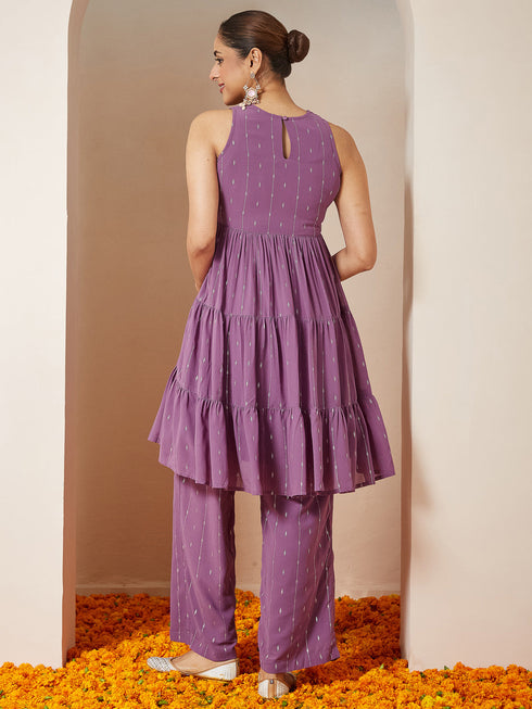 Janasya Women's Lavender Georgette Embellished Tiered Kurta With Palazzo Set